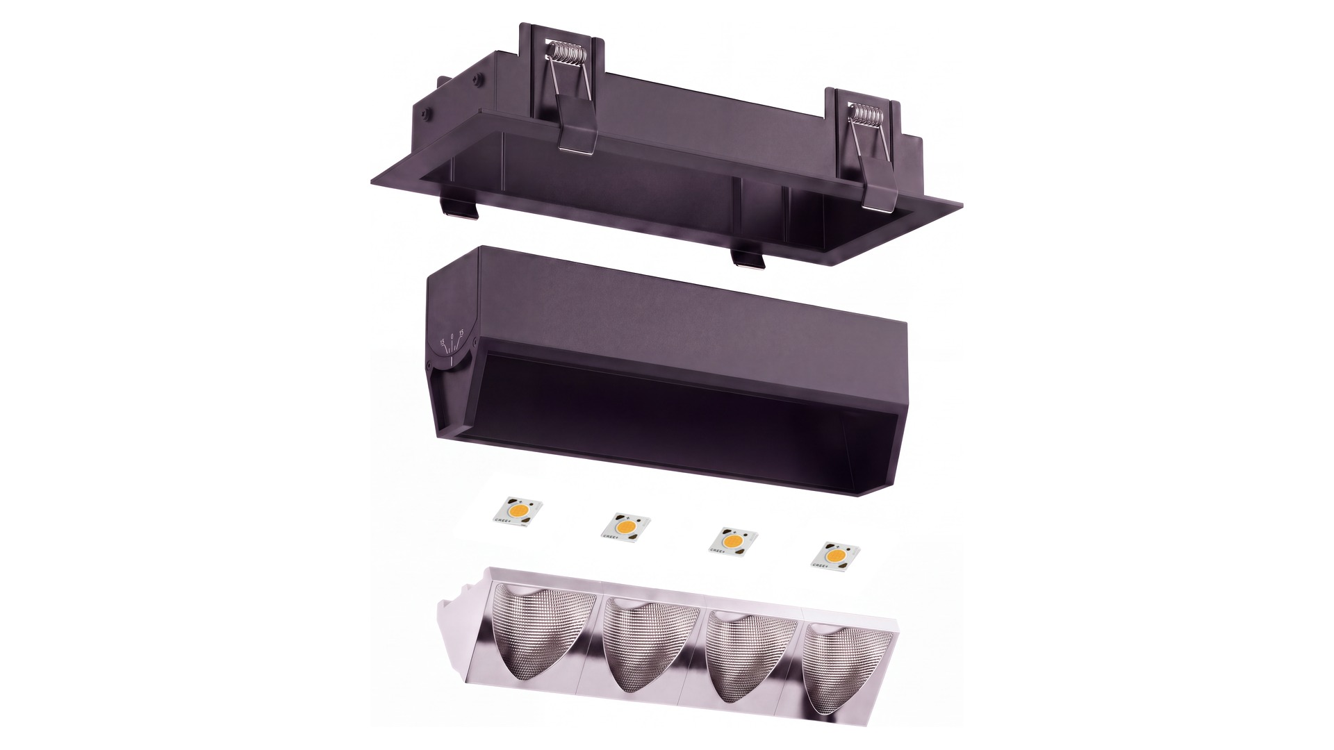 ORIS de embutir — vista explodida: frame de embutir com molas de fixação, corpo basculante com regulagem, quatro módulos de LED COB e bloco de quatro refletores facetados
