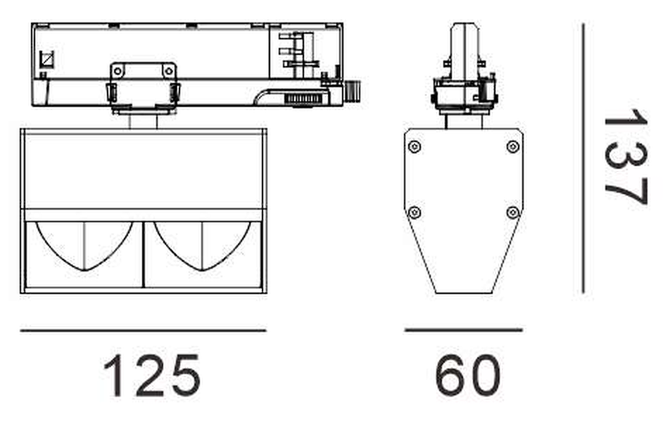 Desenho cotado da ORIS de 2 focos para trilho: 125 mm de comprimento, 60 mm de largura e 137 mm de altura com o adaptador