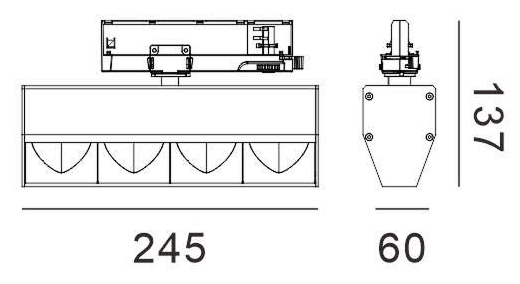 Desenho cotado da ORIS de 4 focos para trilho: 245 mm de comprimento, 60 mm de largura e 137 mm de altura com o adaptador
